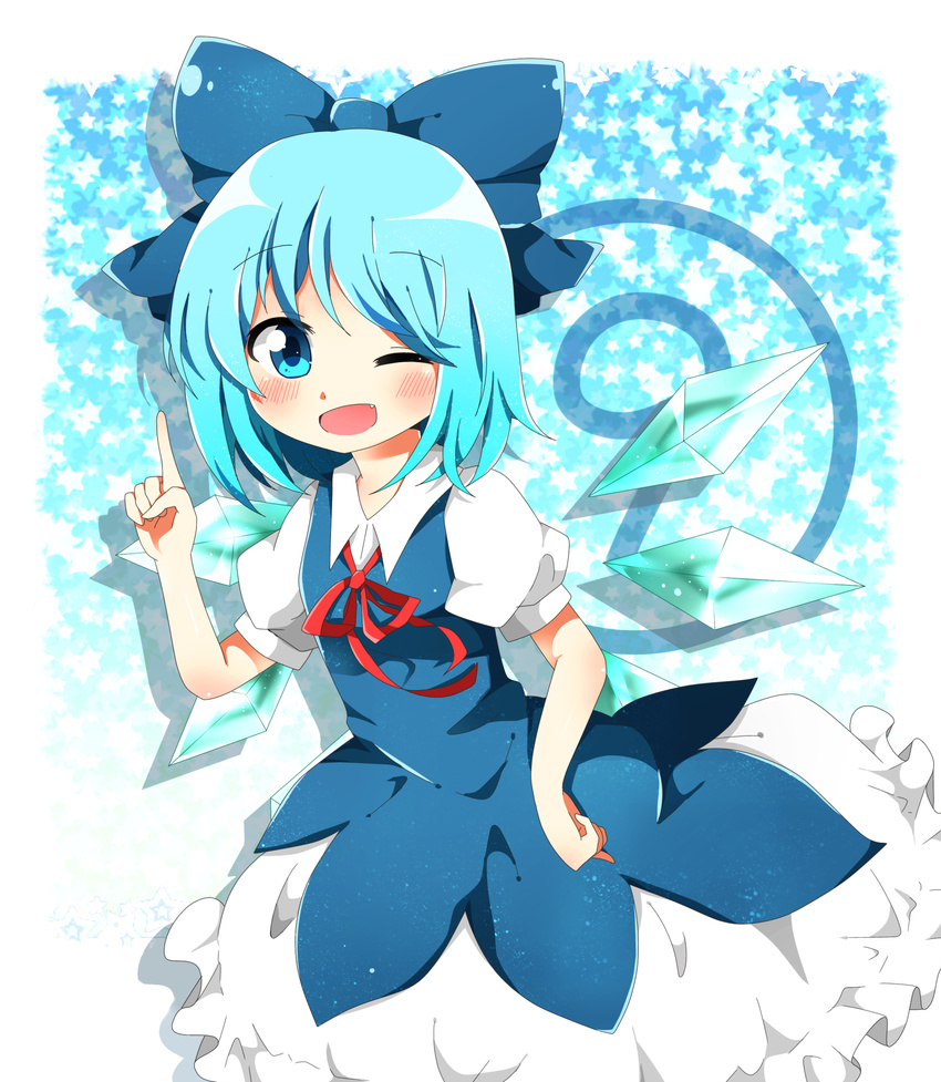 blue_eyes blue_hair blush cirno fang hair_ribbon hand_on_hip highres ice ice_wings kyapinetzu one_eye_closed ribbon solo touhou wings
