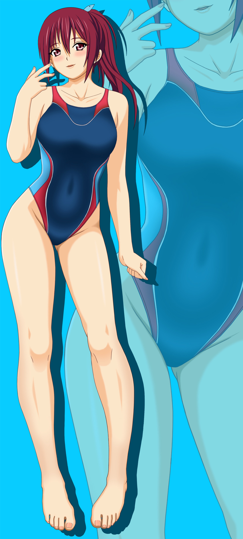 absurdres barefoot blue_background blush competition_swimsuit free! highres long_hair matsuoka_gou nail_polish nosshi one-piece_swimsuit ponytail red_eyes red_hair solo swimsuit toenail_polish toenails zoom_layer