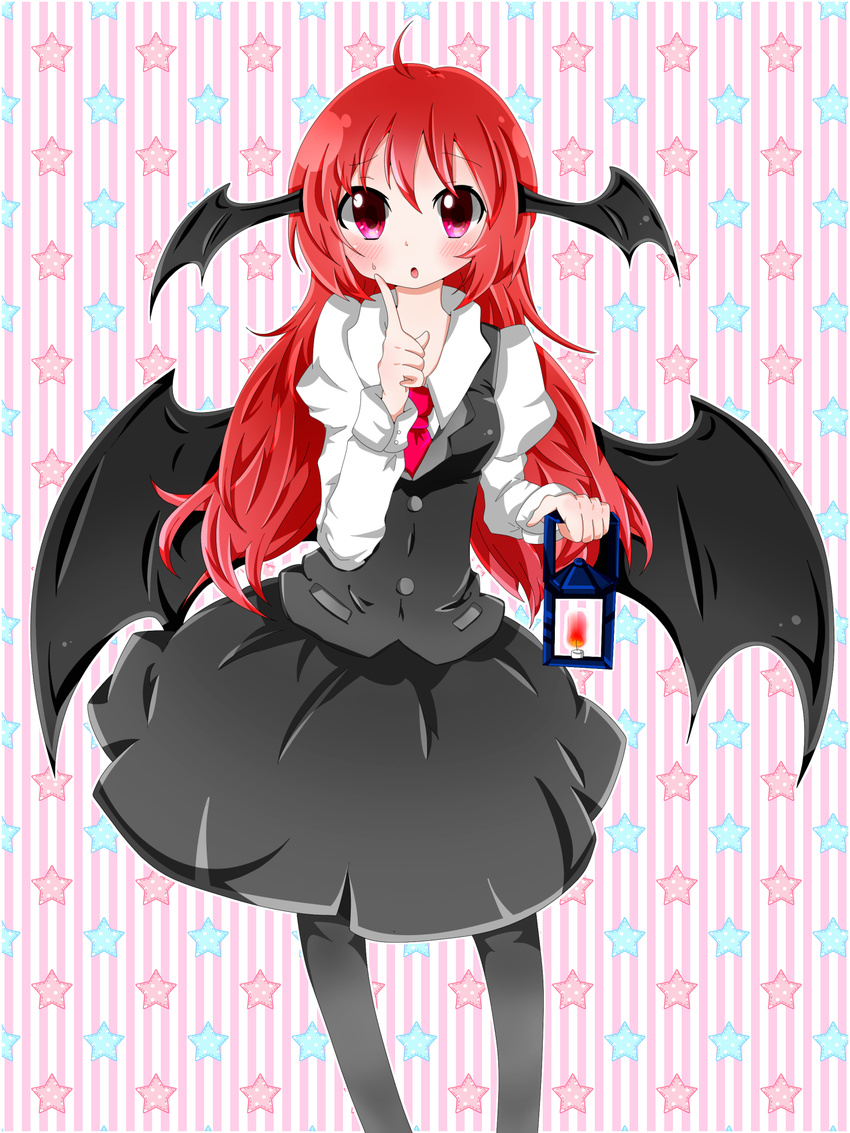 ahoge black_legwear blush demon_wings finger_to_mouth head_wings highres koakuma kyapinetzu lantern long_hair pantyhose red_eyes red_hair solo touhou wings