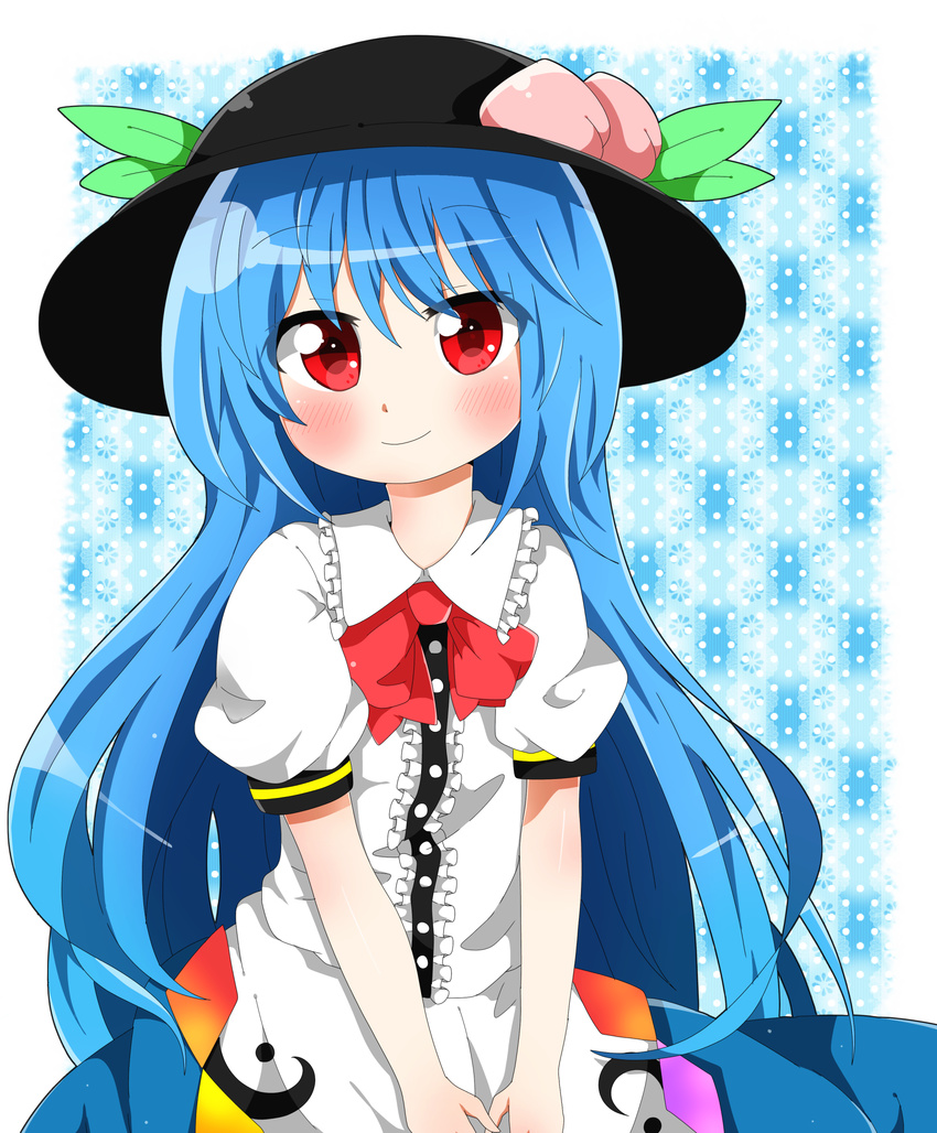 absurdres blue_hair blush food fruit hat highres hinanawi_tenshi kyapinetzu long_hair peach red_eyes solo touhou very_long_hair