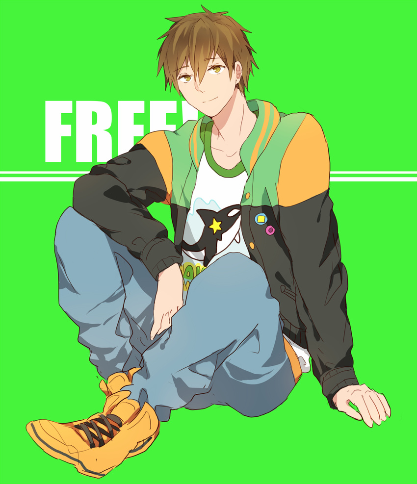 1boy brown_hair free! jacket male male_focus shoes sitting smile sneakers solo tachibana_makoto