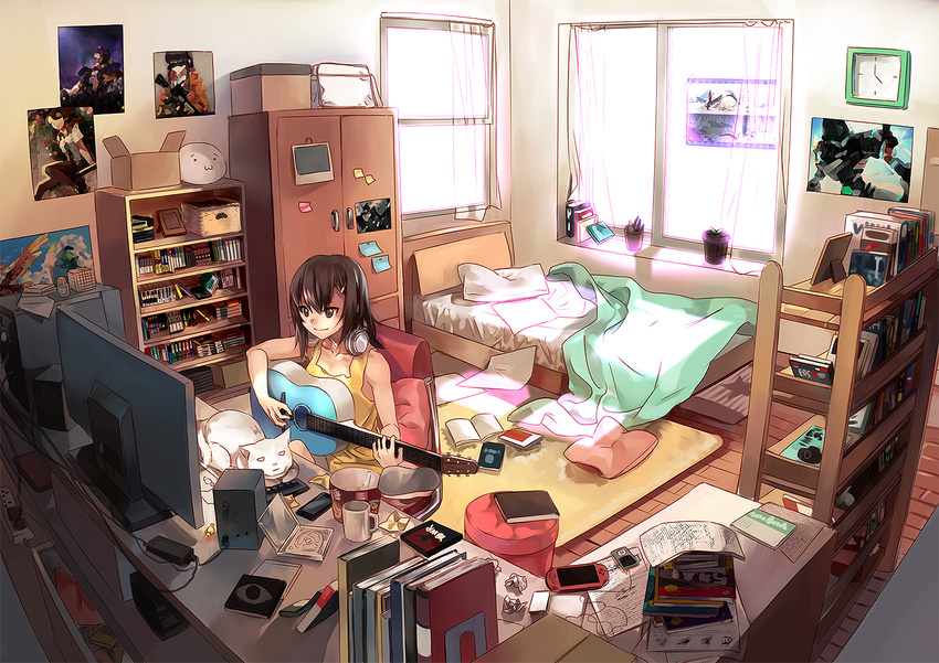 amplifier analog_clock animal bad_id bad_pixiv_id bag basket bed bedroom black_hair blanket book book_stack bookshelf box brown_eyes brown_hair cabinet cable candy cat cd_case cellphone charger clock coffee_mug computer cup cup_ramen curtains cushion day digital_media_player food guitar hair_ornament hairclip handheld_game_console headphones headphones_around_neck indoors instrument ipod keyboard_(computer) monitor mug music open_book original paper phone picture_frame pillow plant playing_instrument playstation_portable poster_(object) potted_plant power_strip rff_(3_percent) room rubik's_cube sitting smartphone smile speaker sticky_note sunlight tank_top window window_shade