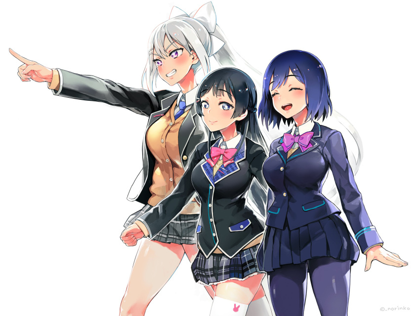 3girls :d black_hair black_jacket blue_eyes blue_neckwear blush bow bowtie braid breasts bright_pupils cardigan collared_shirt commentary_request eyebrows_visible_through_hair eyes_closed floating_hair french_braid grey_skirt grin hair_bow hair_ornament hairclip height_difference highres higuchi_kaede jacket large_breasts long_hair long_sleeves looking_at_viewer multiple_girls necktie nijisanji norinco open_clothes open_jacket open_mouth pantyhose pink_neckwear pleated_skirt pointing pointing_forward ponytail purple_eyes purple_hair purple_jacket purple_legwear purple_neckwear purple_skirt shirt shizuka_rin short_hair silver_hair simple_background skirt smile thighhighs tsukino_mito very_long_hair walking white_background white_bow white_legwear white_shirt wing_collar