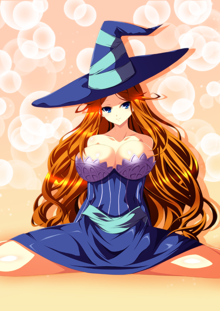 blue_eyes breasts brown_hair dragon's_crown hat highres ka2 large_breasts long_hair solo sorceress_(dragon's_crown) witch_hat