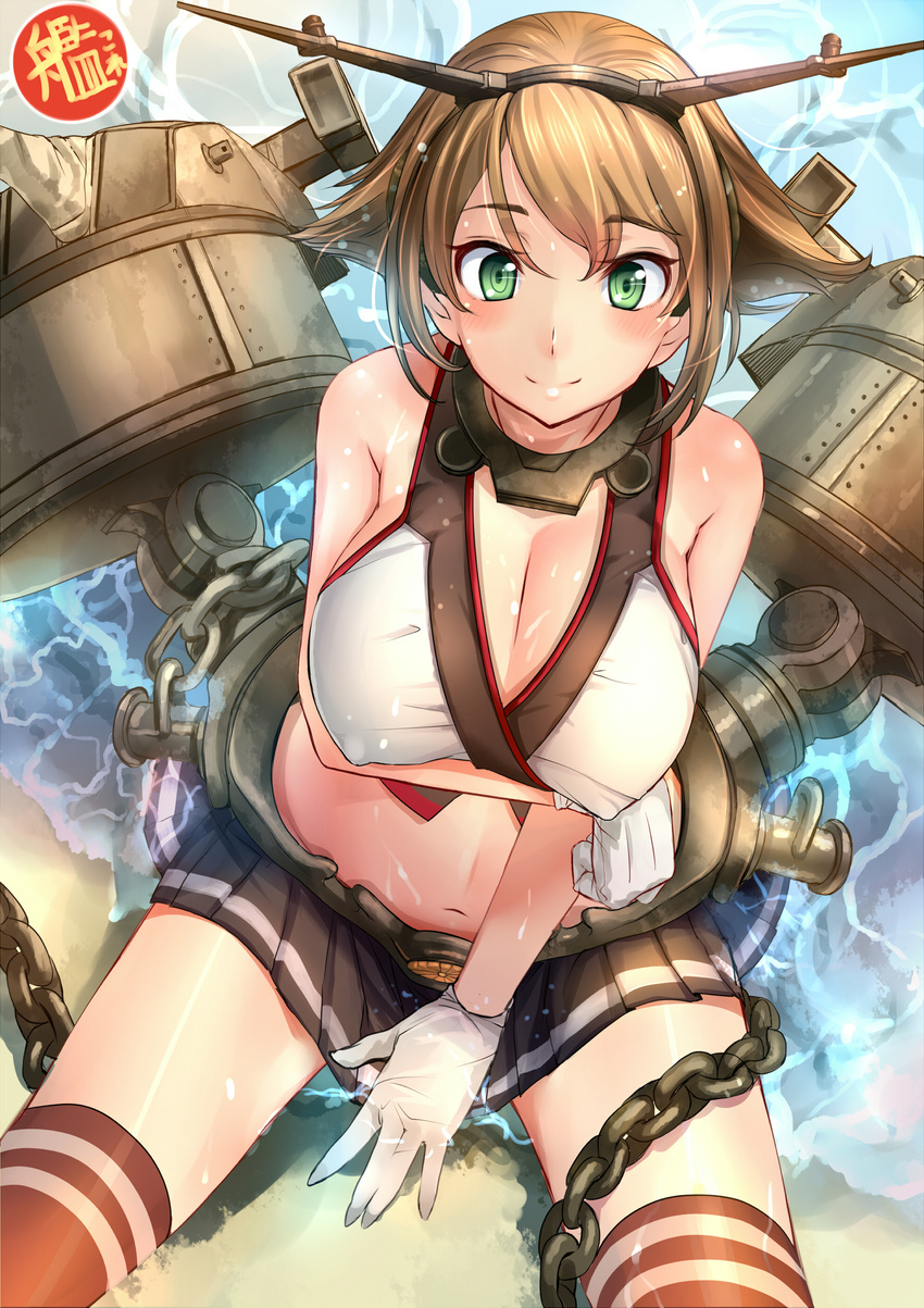 absurdres akasaai beach blush breast_hold breasts brown_hair cleavage gloves green_eyes headgear highres kantai_collection large_breasts looking_at_viewer mutsu_(kantai_collection) navel red_legwear short_hair sitting solo thighhighs water white_gloves