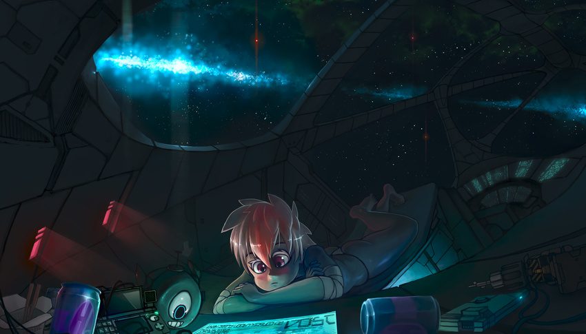 ass barefoot blonde_hair creature galaxy highres lying no_pants on_stomach original panties piper_(rtil) reading red_eyes rtil short_hair sky solo space space_craft star_(sky) starry_sky thong tomboy underwear window
