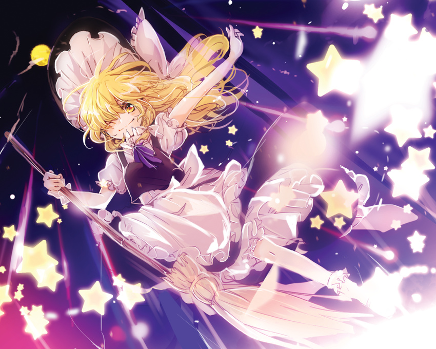 apron blonde_hair bow braid broom hat hat_bow kirisame_marisa long_hair md5_mismatch messy_hair one_eye_closed outstretched_arm petticoat poprication puffy_sleeves shirt short_sleeves single_braid skirt skirt_set smile solo star touhou vest waist_apron witch witch_hat wrist_cuffs yellow_eyes
