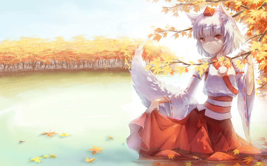 a_luo animal_ears autumn_leaves detached_sleeves forest hat inubashiri_momiji lake long_sleeves looking_at_viewer nature red_eyes shirt silver_hair skirt skirt_hold smile solo tail third-party_edit tokin_hat touhou tree wallpaper water wide_sleeves wolf_ears wolf_tail