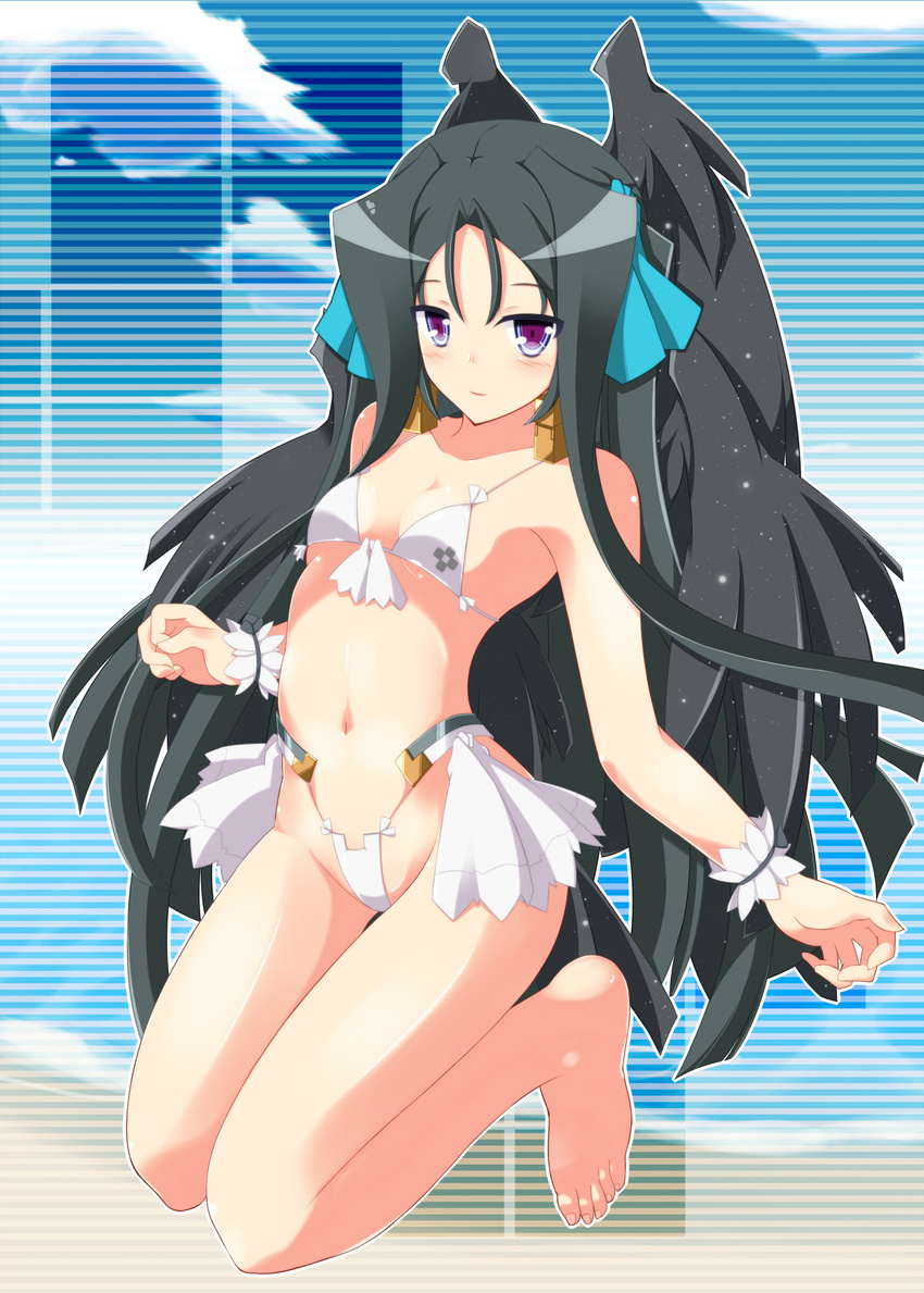 beach bikini black_hair black_wings day highres kyoukaisenjou_no_horizon long_hair malga_naruze mellow purple_eyes solo swimsuit very_long_hair wings