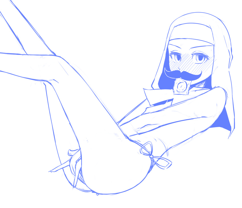 between_legs blush condom condom_in_mouth facial_hair full-face_blush habit hand_between_legs looking_at_viewer maydrawfag monochrome mouth_hold mustache nun original panties side-tie_panties solo topless underwear