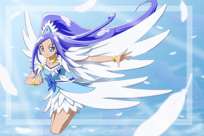 alternate_costume asymmetrical_clothes blue blue_background blue_bow blue_eyes blue_hair blue_skirt boots bow bracelet choker crystal_earrings cure_diamond curly_hair diamond_(shape) dokidoki!_precure earrings feathered_wings feathers heart hishikawa_rikka jewelry long_hair looking_at_viewer magical_girl moritakusan ponytail precure ribbon shoes skirt smile solo wings