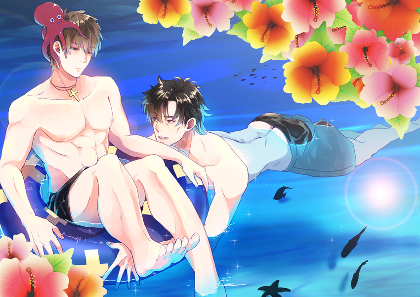 bad_id bad_pixiv_id black_hair brown_hair emiya_kiritsugu fate/zero fate_(series) flower hibiscus innertube kotomine_kirei male_swimwear multiple_boys octopus swim_trunks swimwear yukai_sachiko