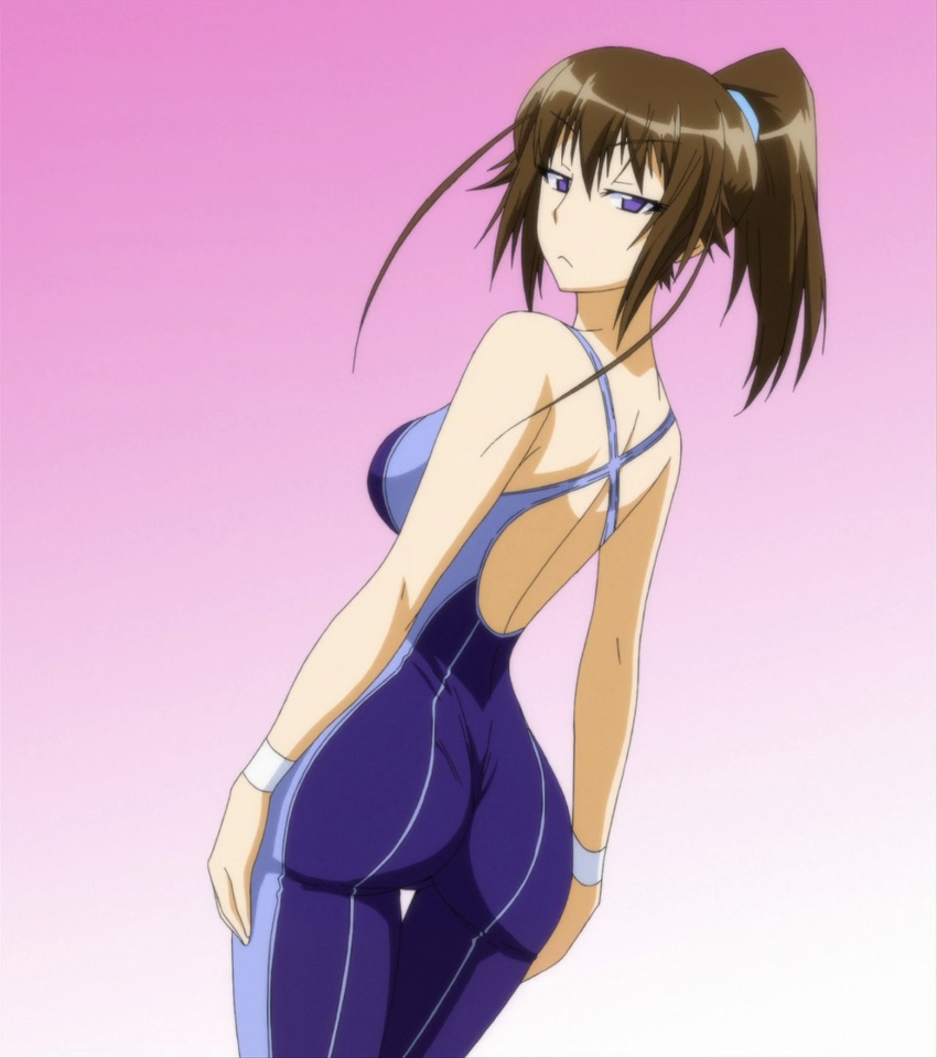 ass bare_shoulders brown_hair female gradient gradient_background kikaijima_mogana medaka_box ponytail screencap solo stitched swimsuit