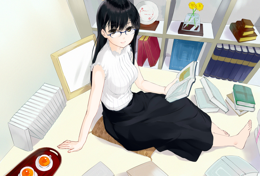 barefoot biblia_koshodou_no_jikentechou black_hair black_skirt book brown_eyes casual cup feet full_body glasses lips long_hair looking_at_viewer mokkei shinokawa_shioriko sitting skirt sleeveless smile solo tea teacup