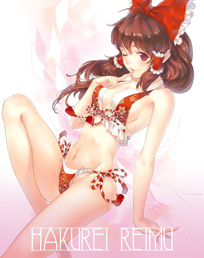 bikini bow bra breasts brown_hair character_name cleavage esha finger_to_mouth floral_print front-tie_top hair_bow hair_tubes hakurei_reimu halterneck highleg highleg_panties highleg_swimsuit highres legs lips long_hair medium_breasts one_eye_closed open_mouth panties red_eyes ribbon side-tie_panties sideboob smile solo swimsuit touhou underwear underwear_only