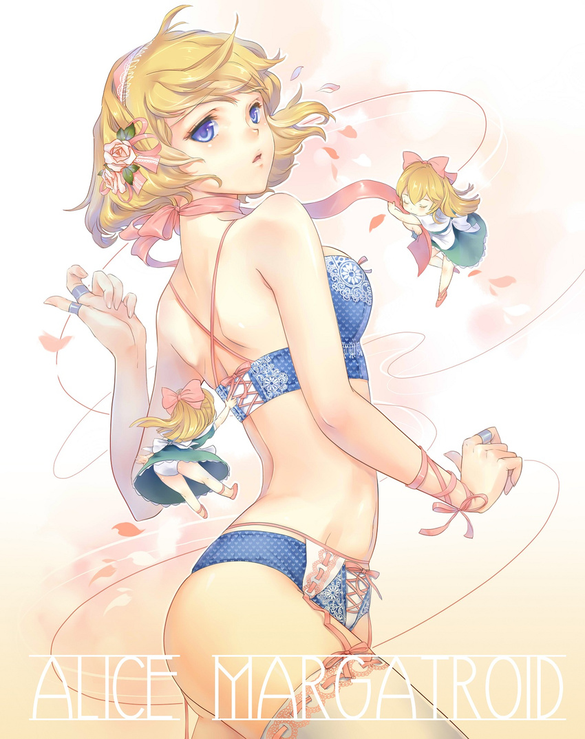 alice_margatroid back blonde_hair blue_eyes bra breasts choker doll dress esha garter_belt hairband highres jewelry long_hair looking_back medium_breasts open_mouth panties petals ribbon ring shanghai_doll short_hair smile solo string thighhighs touhou underwear underwear_only white_legwear