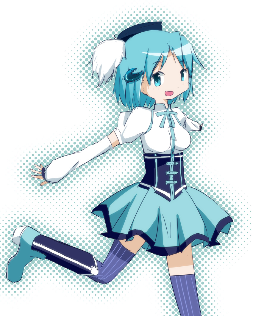 absurdres alternate_color alternate_costume bad_id bad_pixiv_id beret blue_eyes blue_hair boots corset cosplay dots hair_ornament hat highres magical_girl mahou_shoujo_madoka_magica miki_sayaka open_mouth puffy_sleeves short_hair simple_background soul_gem striped striped_legwear thighhighs tomoe_mami tomoe_mami_(cosplay) umaigumi vertical-striped_legwear vertical_stripes zettai_ryouiki