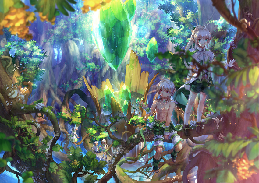 3girls :d ahoge black_footwear blurry blurry_foreground chest collared_shirt day depth_of_field elf elsword elsword_(character) eve_(elsword) fairy_wings forest fungus gem gloves highres leaf medium_hair multiple_boys multiple_girls nature open_mouth outdoors plant pointy_ears ponytail raven_(elsword) red_eyes rena_(elsword) sandals scorpion5050 shirt shoes short_sleeves shorts sidelocks silver_hair sitting smile socks standing tree tree_branch tree_shade tree_stump white_gloves white_legwear white_neckwear white_shirt wings