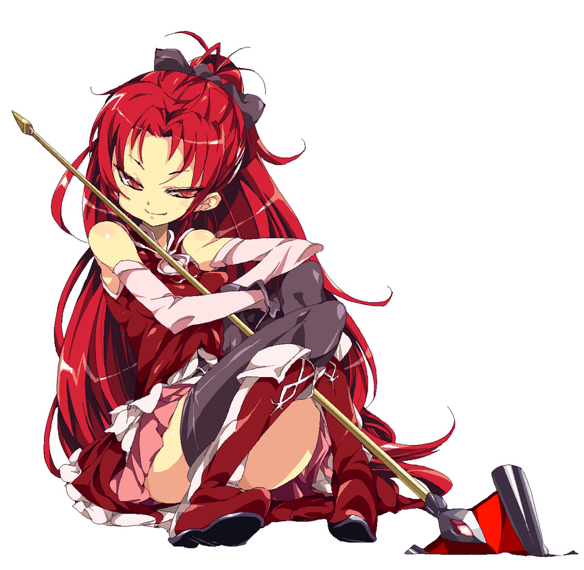 alabaster_(artist) bare_shoulders boots bow detached_sleeves full_body hair_bow highres long_hair magical_girl mahou_shoujo_madoka_magica polearm ponytail red_eyes red_hair sakura_kyouko solo thighhighs weapon white_background