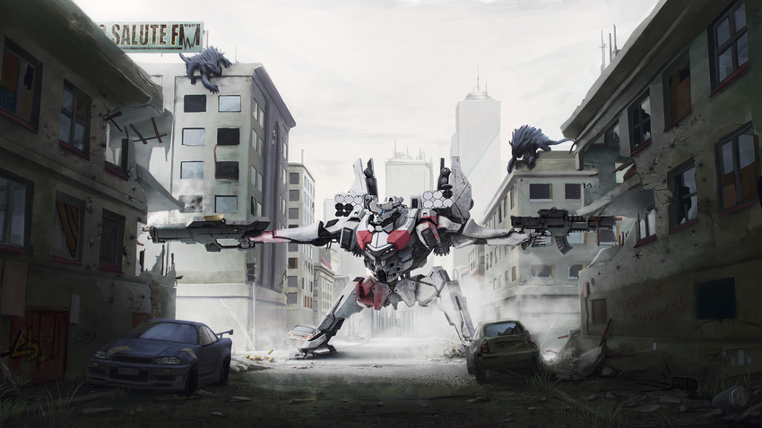 armored_core city dekus from_software gun highres mech mecha original painting robot ruins smoke standing weapon