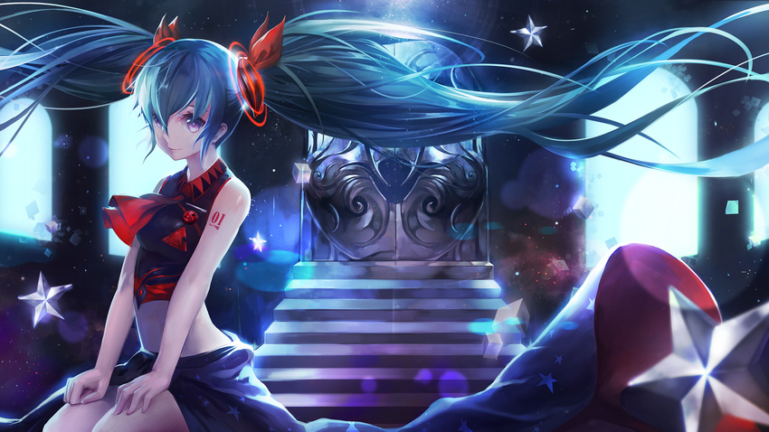 aqua_hair ascot blue_eyes blurry bokeh breasts closed_mouth depth_of_field floating_hair hatsune_miku highres hong long_hair md5_mismatch medium_breasts midriff purple_eyes shoulder_tattoo sitting skirt sleeveless smile solo stairs star star_print tattoo twintails very_long_hair vocaloid