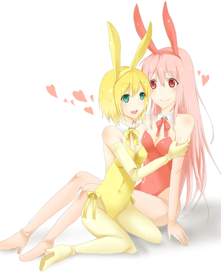 2girls animal_ears aqua_eyes arm arm_grab arm_support arms artist_request bare_shoulders blonde_hair blush bow bowtie breasts bunny_ears bunny_girl bunnysuit detached_collar eiru0517 elbow_gloves eye_contact fake_animal_ears female gloves green_eyes happy heart highres hug kneeling leotard long_hair looking_at_another multiple_girls open_mouth pink_gloves pink_hair red_eyes short_hair sitting small_breasts smile yellow_gloves yuri