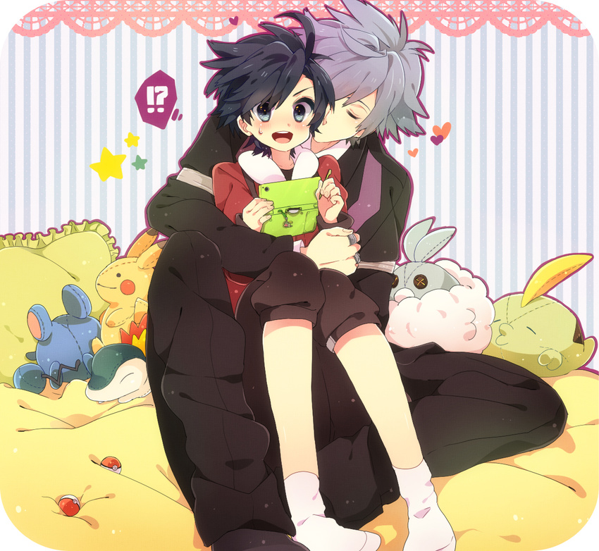 2boys bad_id bad_pixiv_id black_hair blush gold_(pokemon) handheld_game_console holding imminent_kiss male_focus multiple_boys nicole_(usako) nintendo_ds open_mouth pokemon pokemon_(game) pokemon_hgss pokemon_rse silver_hair socks stuffed_toy surprised sweat thought_bubble tsuwabuki_daigo yaoi