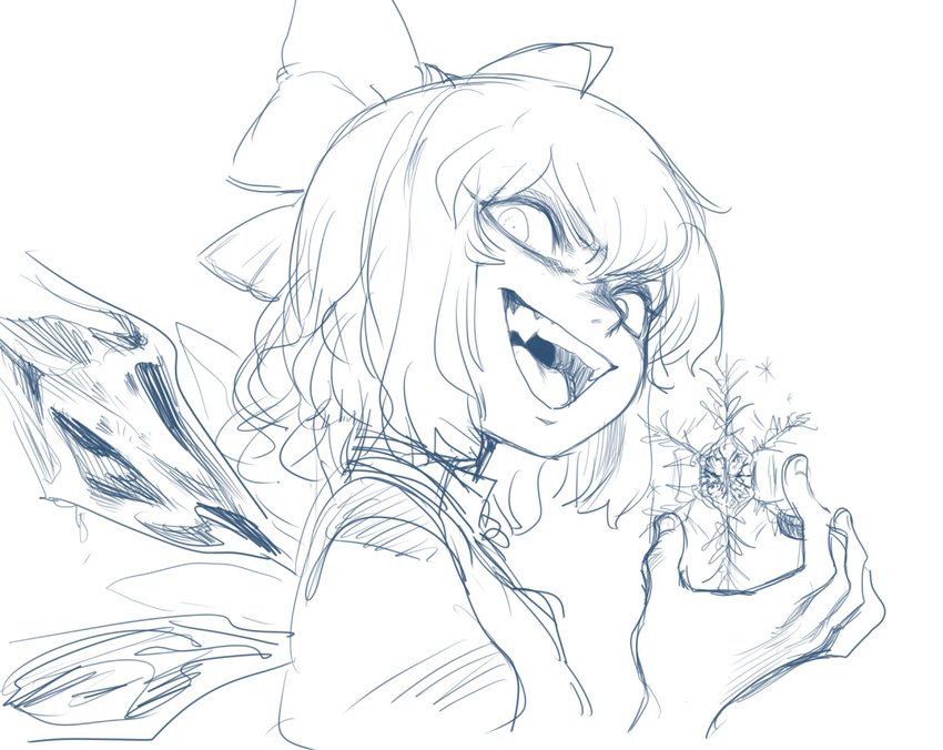 cirno evil_grin evil_smile fangs grin ice ice_wings monochrome open_mouth short_hair sketch smile snowflakes solo space_jin touhou wings