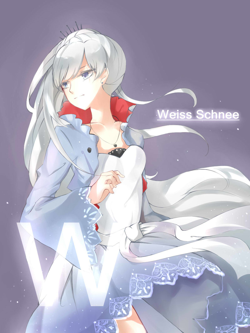 blue_eyes character_name dress etude highres jewelry long_hair necklace ponytail rwby scar solo weiss_schnee white_dress white_hair