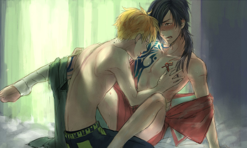 2boys bandage between_legs dramatical_murder hair_over_one_eye koujaku multiple_boys noiz_(dramatical_murder) pants_around_one_leg piercing scar tattoo topless yaoi