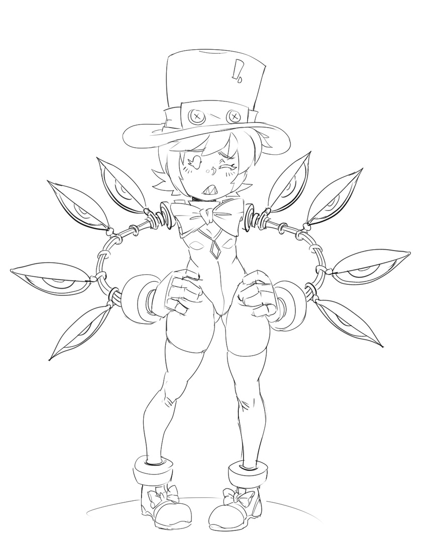 ankle_boots bad_id bad_tumblr_id blush boots bow bowtie extra_eyes flat_chest gloves greyscale hands_on_hips hat highres leotard lineart maniacpaint mechanical_arms monochrome one_eye_closed peacock_(skullgirls) pigeon-toed sharp_teeth short_hair skullgirls teeth thighhighs top_hat work_in_progress