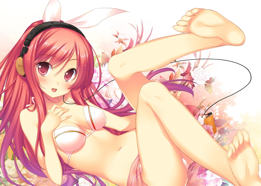 47agdragon barefoot bikini blush breasts cleavage digital_media_player feet floral_background flower hand_on_own_chest headphones ipod legs_up long_hair looking_at_viewer lying medium_breasts navel original peony_(flower) pink_sarong red_eyes red_hair sarong shiny shiny_skin smile soles solo swimsuit toes translucent_sarong white_bikini