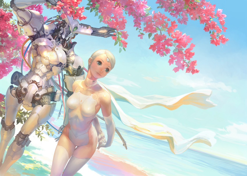 arms_behind_back bare_shoulders beach blonde_hair blue_eyes bodysuit cherry_blossoms day dutch_angle highres light_smile ocean original outdoors robot short_hair sky solo takayama_toshiaki water