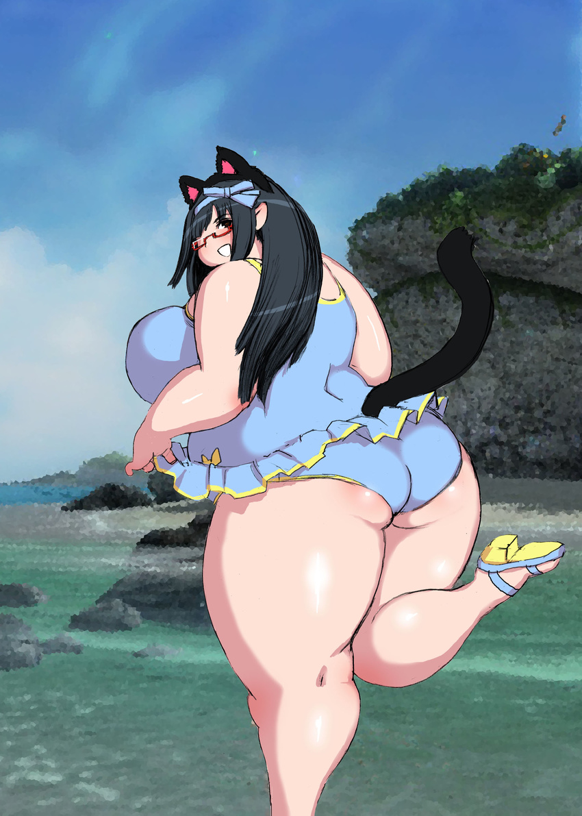 1girl animal_ears ass beach breasts brown_eyes brown_hair cat_ears cat_girl cat_tail fat glasses highres hips huge_ass huge_breasts kjmvideo obese tail thick_thighs thighs wide_hips