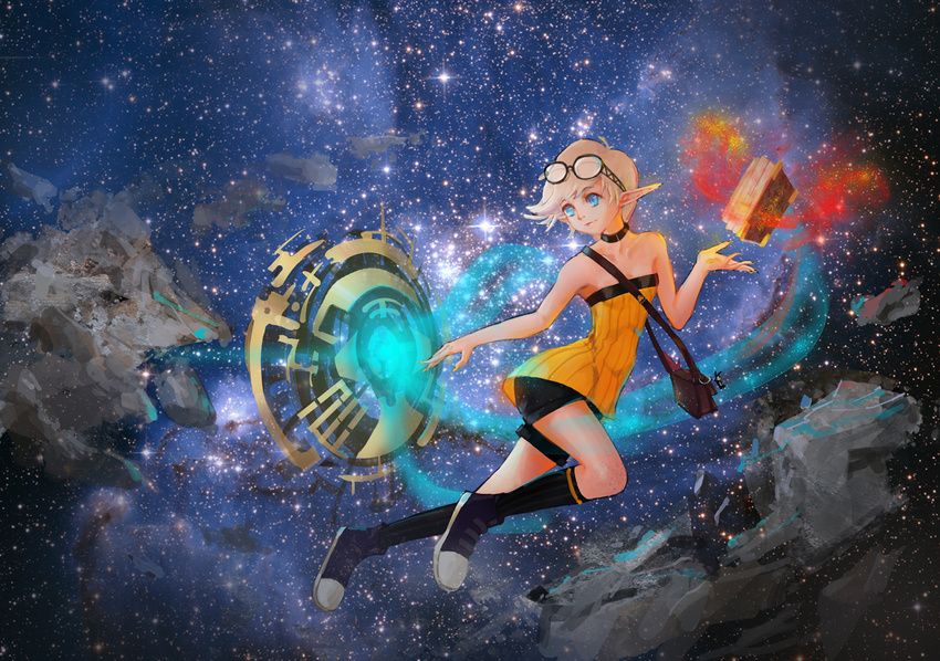 blonde_hair blue_eyes book dungeon_and_fighter elf glasses kneehighs lxzsh123 original shorts sky space stars