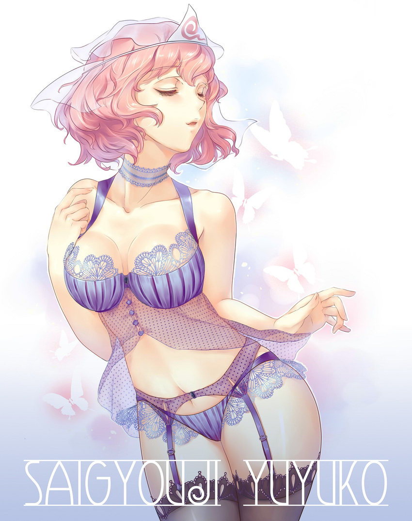 bikini black_legwear bra breasts bug bustier butterfly character_name cleavage closed_eyes esha garter_belt halterneck highres insect lace lace-trimmed_panties lace-trimmed_thighhighs large_breasts open_mouth panties pink_eyes pink_hair purple_bra purple_panties saigyouji_yuyuko short_hair solo swimsuit thighhighs touhou triangular_headpiece underwear underwear_only veil