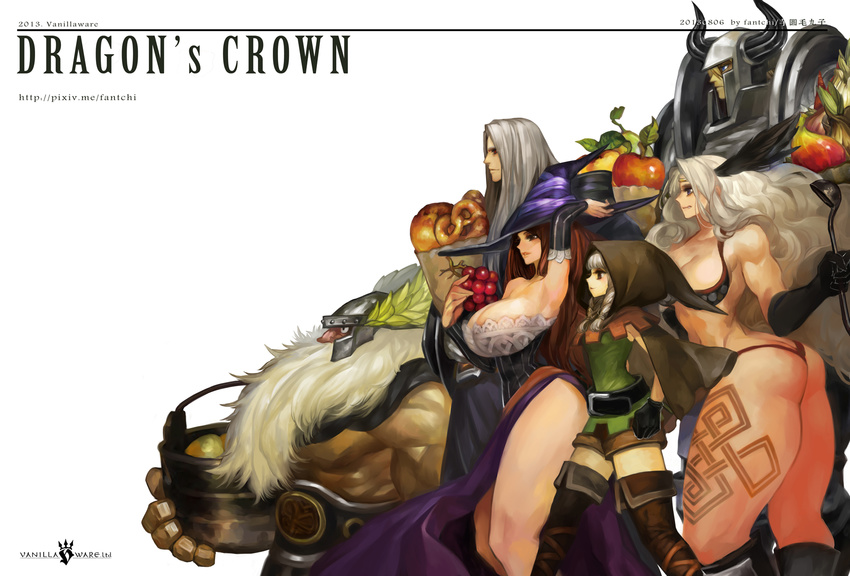3girls amazon_(dragon's_crown) armor bare_shoulders belt bikini_armor blonde_hair boots braid breasts brown_eyes circlet cleavage cloak detached_sleeves dragon's_crown dress dwarf_(dragon's_crown) elf_(dragon's_crown) fantchi feathers fighter_(dragon's_crown) food fruit gloves hat helmet highres hood huge_breasts ladle large_breasts long_hair multiple_boys multiple_girls muscle muscular_female pointy_ears shorts side_slit sorceress_(dragon's_crown) strapless strapless_dress swimsuit thick_thighs thigh_boots thighhighs thighs twin_braids witch_hat wizard_(dragon's_crown)