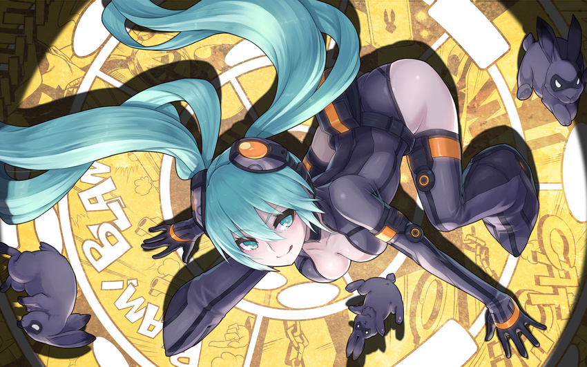 2d :q aqua_eyes aqua_hair bodysuit breasts bunny cleavage goggles goggles_on_head hatsune_miku highres long_hair looking_at_viewer medium_breasts smile solo tongue tongue_out twintails very_long_hair vocaloid