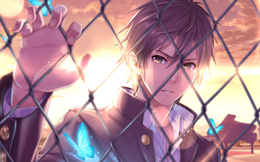2d blurry brown_eyes brown_hair bug butterfly chain-link_fence depth_of_field fence gakuran gensou_satisfaction_(vocaloid) grand_piano highres insect instrument lens_flare looking_at_viewer looking_through_fence male_focus original piano school_uniform twilight vocaloid