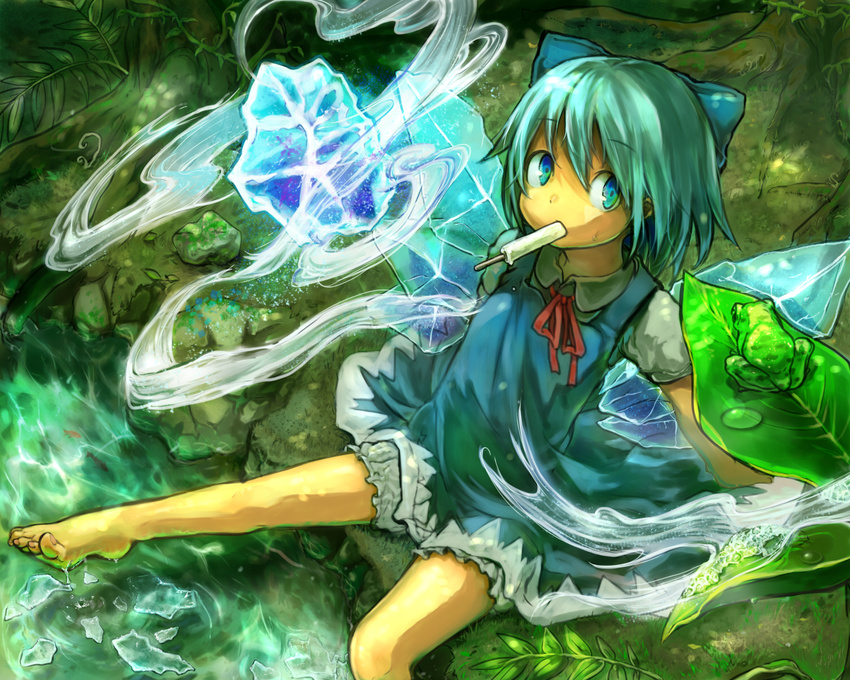 bad_id bad_pixiv_id barefoot bloomers blue_eyes blue_hair blue_skirt bow cirno food frog hair_bow highres hutaba123 ice ice_wings mouth_hold popsicle puffy_sleeves shirt short_sleeves sitting skirt soaking_feet solo touhou underwear wings