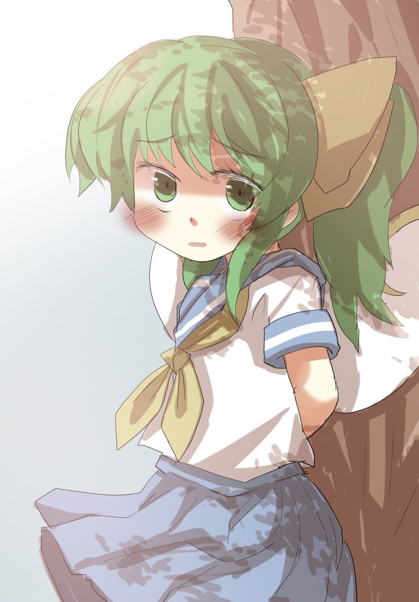 against_tree alternate_costume arms_behind_back blush contemporary daiyousei gaoo_(frpjx283) green_eyes green_hair highres long_hair looking_at_viewer neckerchief school_uniform serafuku side_ponytail skirt solo touhou tree wings