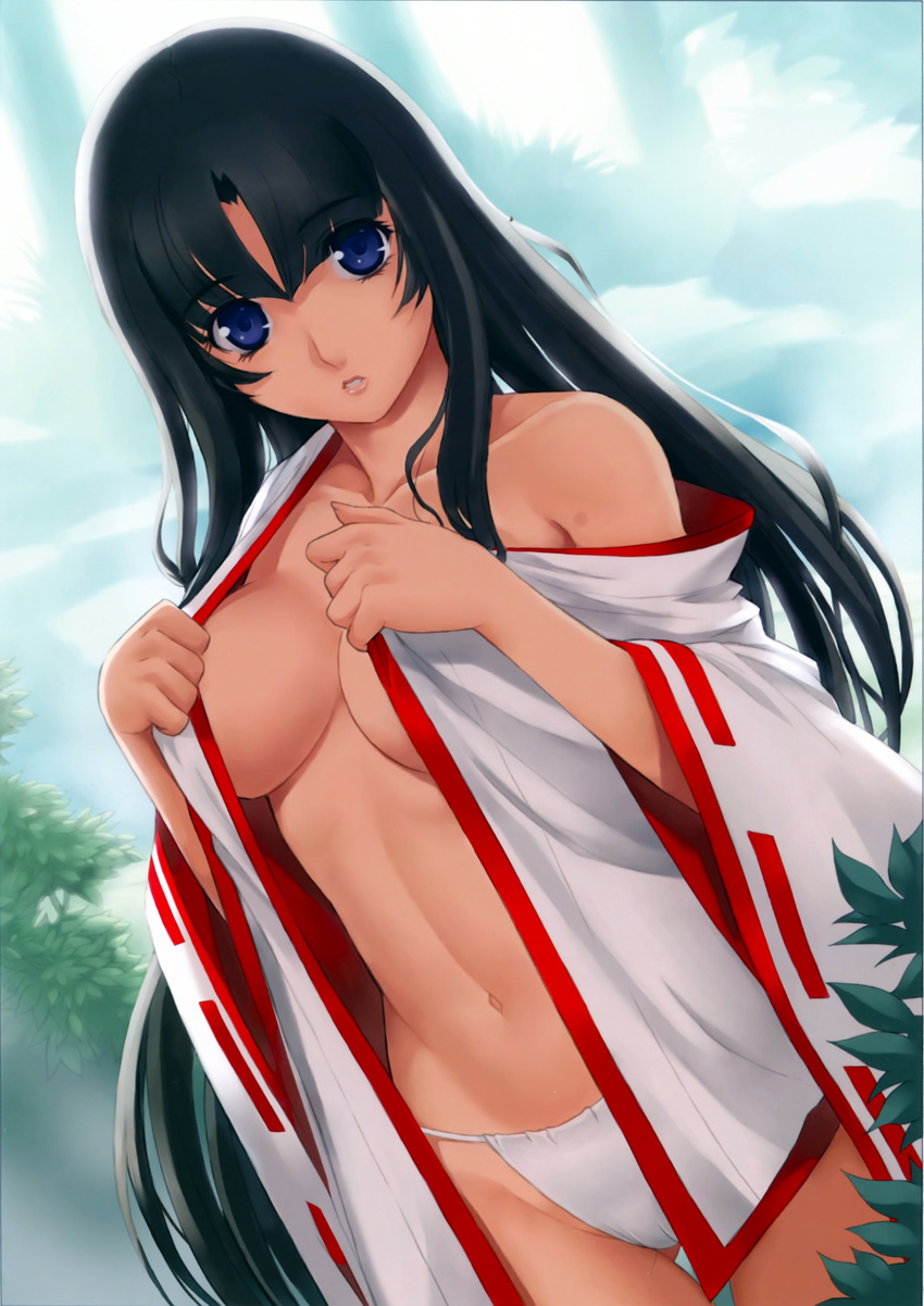 :o absurdres bare_shoulders black_hair blue_eyes breasts eiwa fundoshi highres japanese_clothes lips long_hair looking_at_viewer medium_breasts miko queen's_blade ribbon-trimmed_sleeves ribbon_trim scan solo tomoe undressing