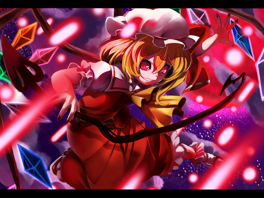 blonde_hair crazy evil_grin evil_smile flandre_scarlet fuyunotete grin highres nail_polish red_eyes ribbon slit_pupils smile solo touhou weapon wings