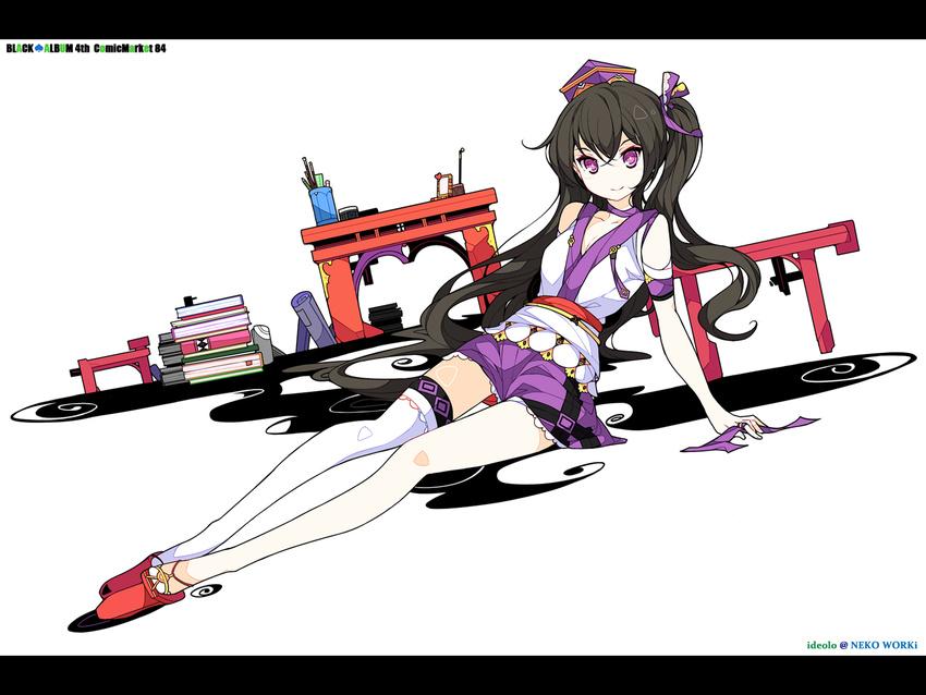 alternate_costume black_hair book geta hat highres himekaidou_hatate ideolo long_hair md5_mismatch purple_eyes single_thighhigh skirt smile solo tengu-geta thighhighs tokin_hat touhou twintails white_legwear