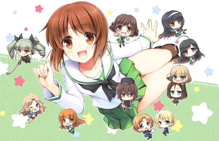 akiyama_yukari anchovy anzio_military_uniform bad_id bad_pixiv_id blonde_hair blue_eyes brown_eyes brown_hair darjeeling girls_und_panzer green_skirt gunp isuzu_hana katyusha kay_(girls_und_panzer) kuromorimine_military_uniform long_hair military military_uniform multiple_girls nishizumi_maho nishizumi_miho nonna ooarai_school_uniform open_mouth orange_pekoe pleated_skirt pravda_school_uniform reizei_mako saunders_school_uniform school_uniform serafuku short_hair skirt st._gloriana's_school_uniform takebe_saori uniform