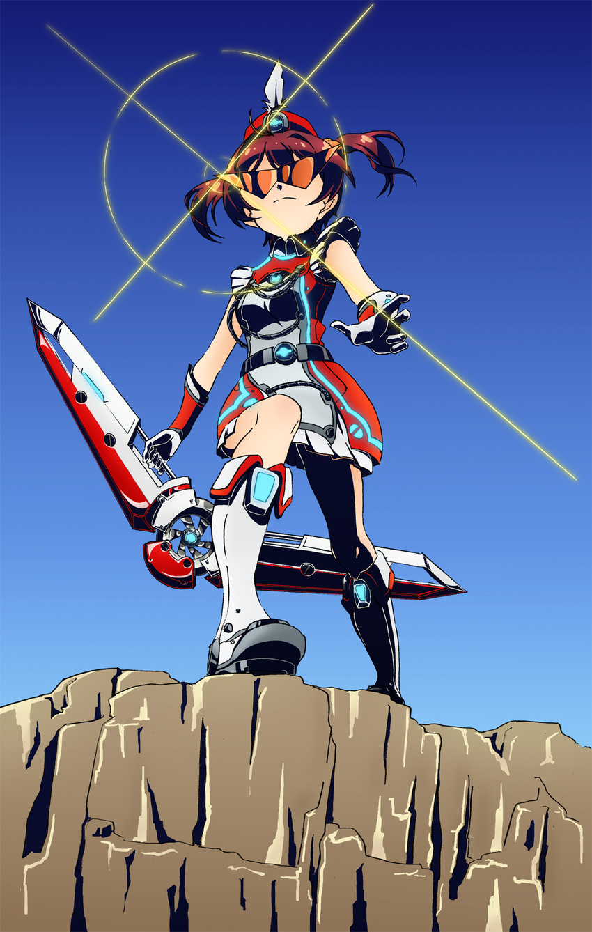 1girl hat isshiki_akane lens_flare monsterx red_hair skirt solo sunglasses twintails vividred_operation weapon