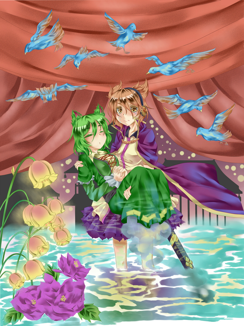 :o absurdres animal_ears architecture bird blouse breasts cape carrying cat_ears closed_eyes crying curtains dress earmuffs east_asian_architecture flower frown ghost_tail green_dress green_hair hands_together highres interlocked_fingers inui_(artist) juliet_sleeves kemonomimi_mode leaf light_brown_hair light_particles lily_of_the_valley lips long_sleeves looking_at_viewer medium_breasts multiple_girls pagoda princess_carry puffy_sleeves scabbard sheath short_hair skirt soga_no_tojiko streaming_tears tears touhou toyosatomimi_no_miko wading water yellow_eyes