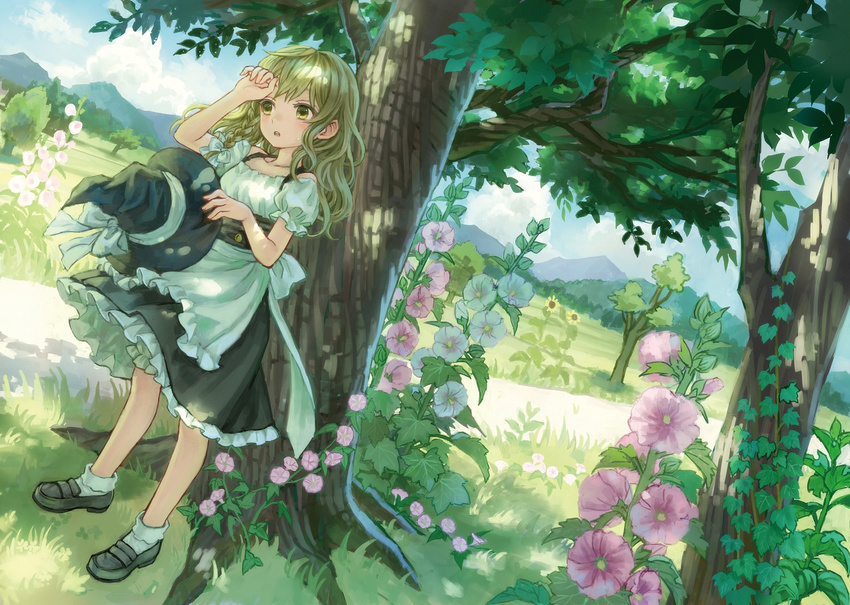 ama-tou blonde_hair bobby_socks braid day dutch_angle flower hat hat_removed headwear_removed holding holding_hat kirisame_marisa loafers long_hair outdoors shoes single_braid socks solo sunflower touhou tree tree_shade under_tree wiping_forehead witch_hat yellow_eyes