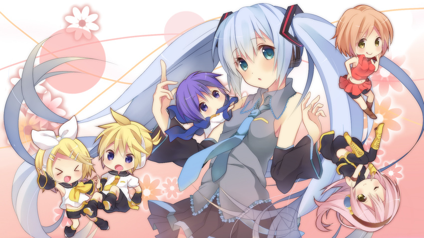 &gt;_&lt; 5girls :d :q bad_id bad_pixiv_id blonde_hair blue_eyes blue_hair boots breasts brother_and_sister brown_hair chibi closed_eyes detached_sleeves fang hair_ornament hairband hairclip hatsune_miku highres kagamine_len kagamine_rin kumakichi_(toshigat) long_hair looking_at_viewer megurine_luka meiko multiple_girls necktie one_eye_closed open_mouth pink_hair purple_eyes purple_hair shirt short_hair siblings skirt sleeveless sleeveless_shirt small_breasts smile thighhighs tongue tongue_out twintails upside-down vocaloid wallpaper xd yellow_eyes