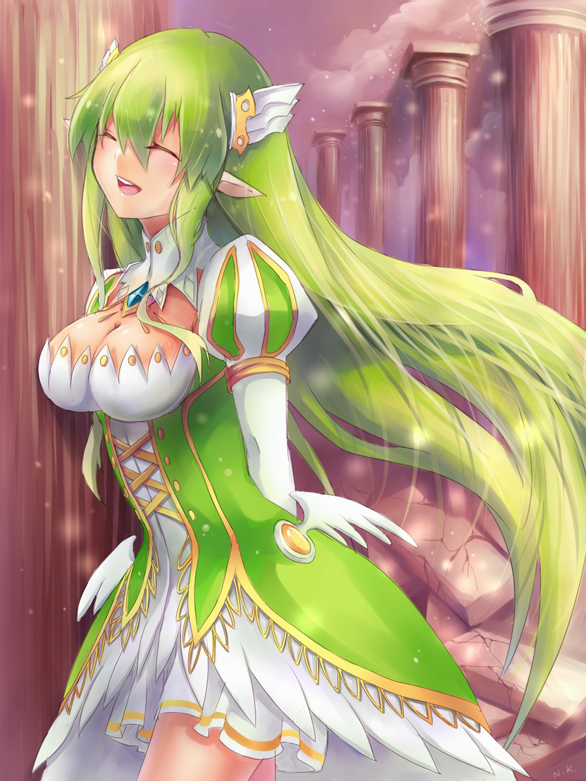 :d breasts cleavage closed_eyes dress elbow_gloves elf elsword gloves grand_archer_(elsword) green_hair highres large_breasts open_mouth pointy_ears rena_(elsword) ruins smile windread12
